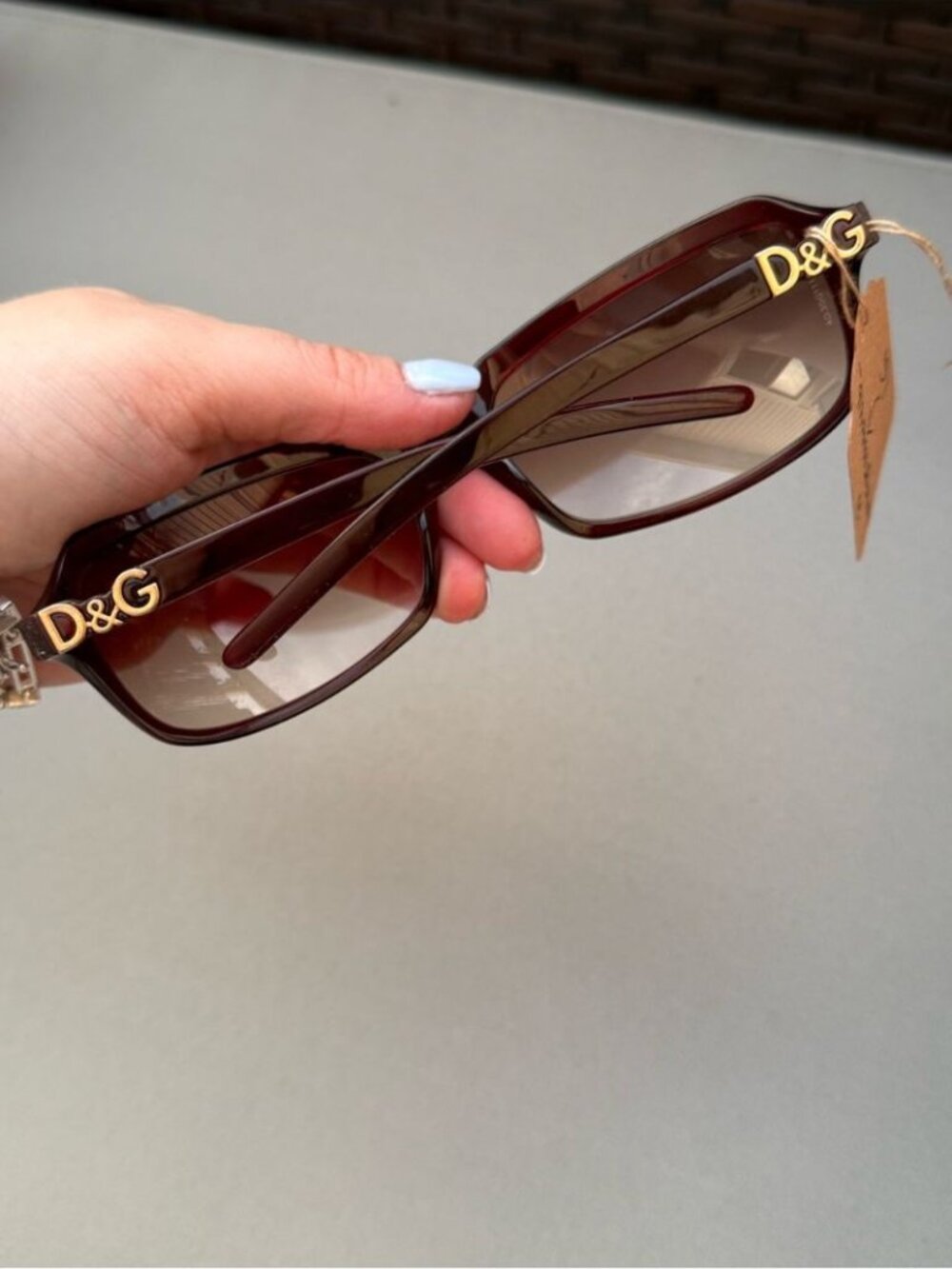 D&G Vintage Brownish Red Rectangular Sunglasses with Gold D&G Accents